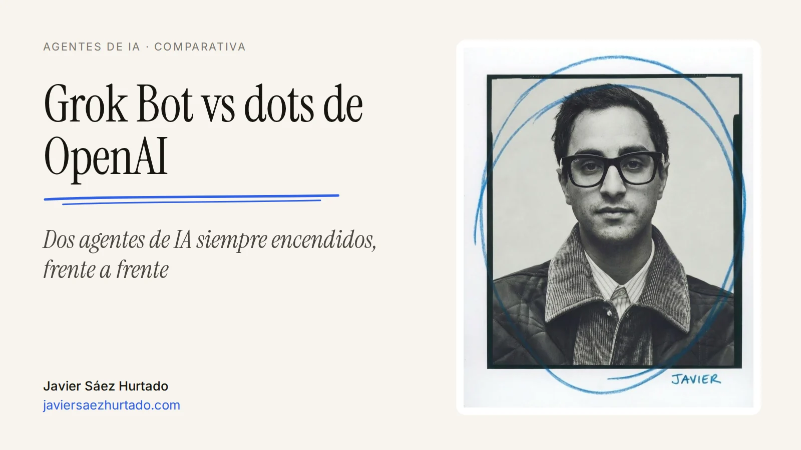 Portada de la comparativa «Grok Bot vs dots de OpenAI», con el retrato de Javier Sáez Hurtado