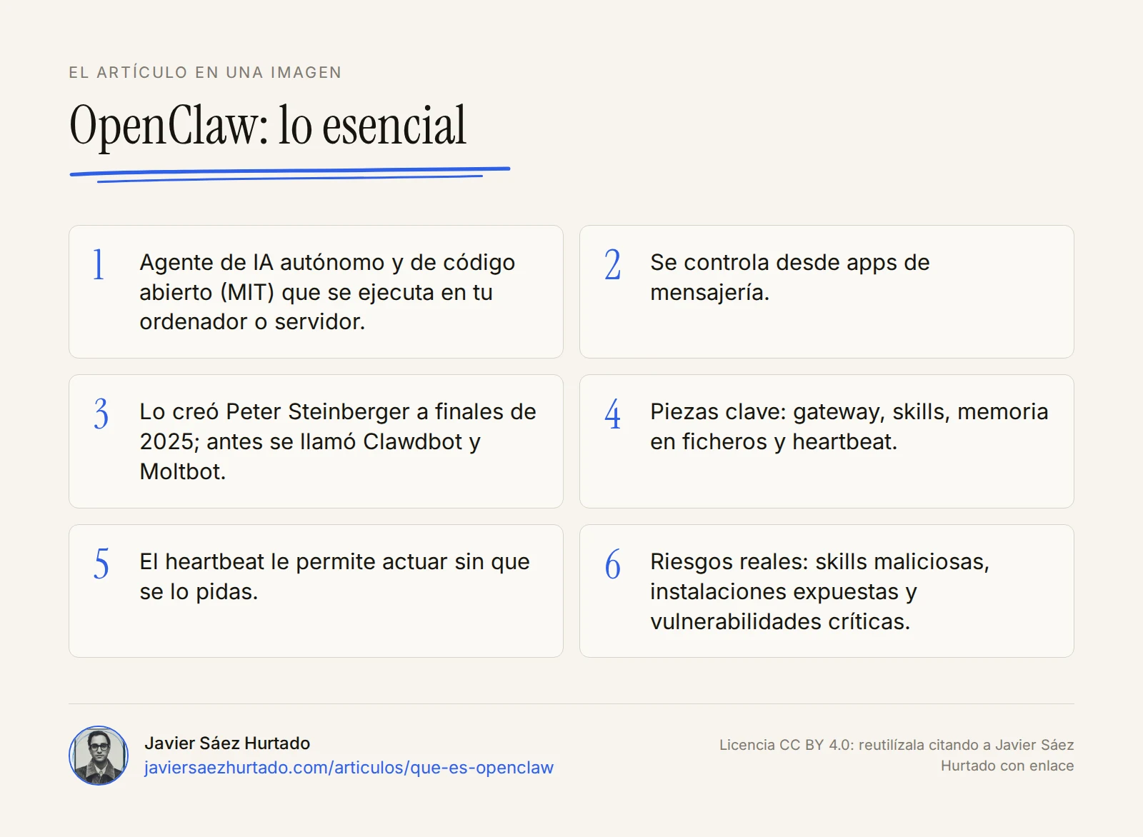 Resumen visual de OpenClaw en seis ideas: qué es, quién lo creó, sus piezas clave y sus riesgos de seguridad