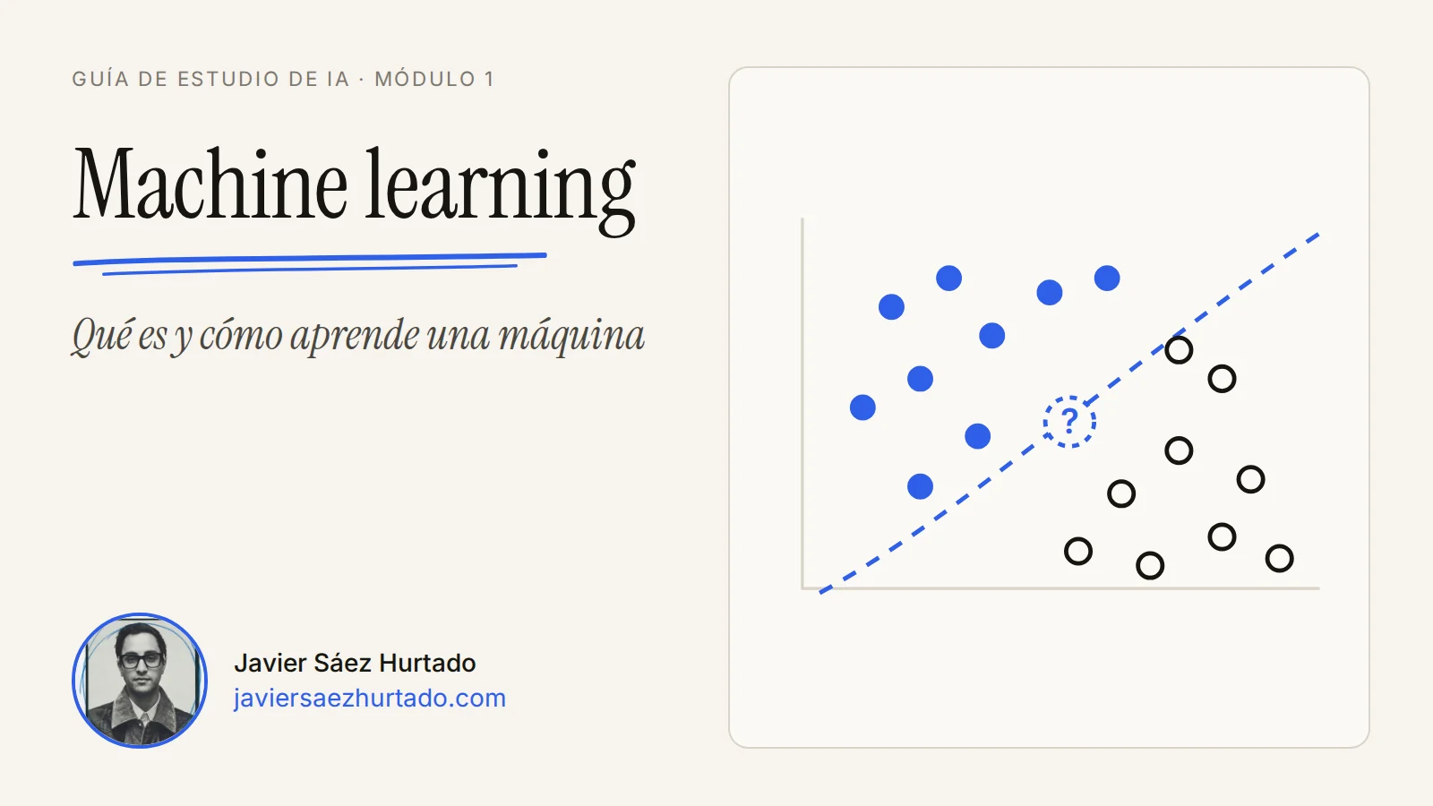 Portada de la lección «Machine learning: qué es y cómo aprende una máquina» de la Guía de estudio de IA, con el retrato de Javier Sáez Hurtado