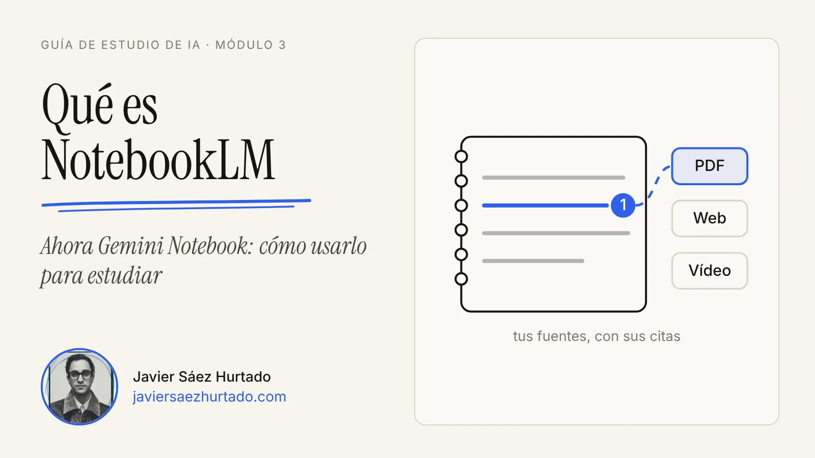 Portada de la lección «Qué es NotebookLM» de la Guía de estudio de IA, con un cuaderno que reúne fuentes y una respuesta con citas, y el retrato de Javier Sáez Hurtado