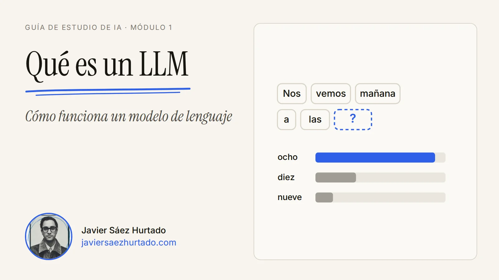 Portada de la lección «Qué es un LLM y cómo funciona» de la Guía de estudio de IA, con el retrato de Javier Sáez Hurtado